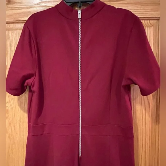 Women’s Express Zip-Back Cranberry Red Mock Neck Short Sleeve Sheath Dress Large - Picture 7 of 7